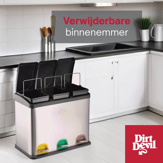 Dirt Devil Pedal bin 3x 15L - Poubelle Séparation des déchets - acier inoxydable - Silver