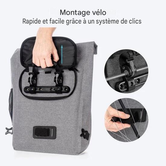 LifeGoods Sac de vélo - Compact - Sac à bandoulière et sac à dos - 25L - Porte-bagages ronds - Imperméable - Gris