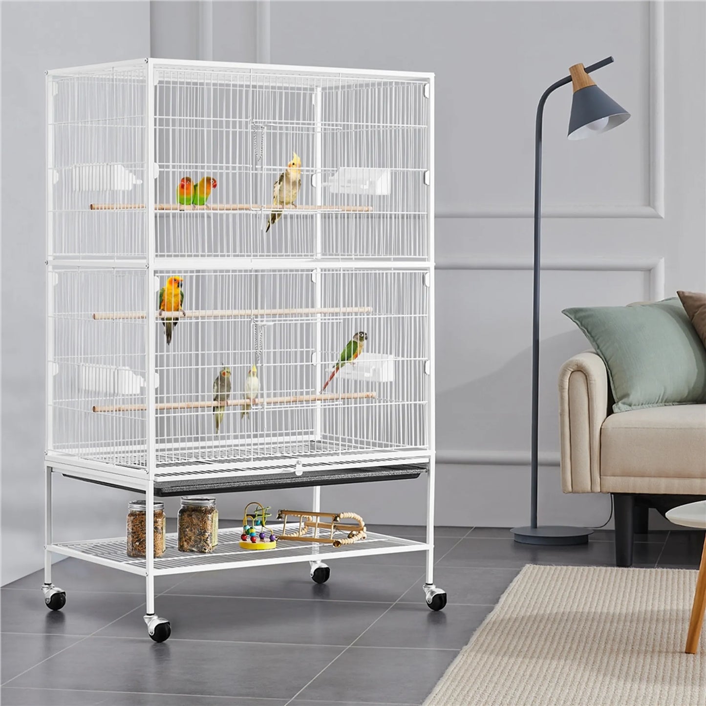 Yaheetech XXL Bird Cage With 360° Swivel Wheels - Fitted With Lower Storage Shelf And Three Perches And Secure Lock - For Parrots And Cockatoos - White Metal - 79 x 52 x 132 cm