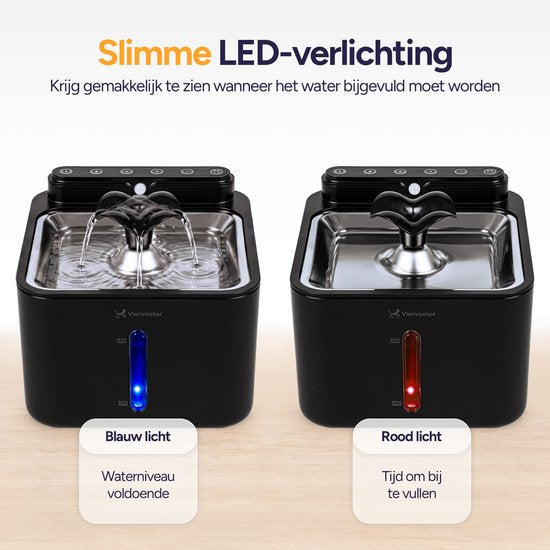 Viervoeter® Fontaine à eau sans fil en acier inoxydable - Fontaine à eau à capteur pour chats et chiens - 3 filtres inclus - 3,2 L - Autonomie de la batterie : 30 jours - Silencieuse