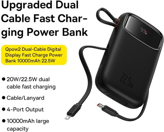 Batterie externe Baseus 10 000 mAh | Charge rapide 20 W via USB-C et USB-A | Format de voyage avec écran, noir | Batterie externe universelle compatible notamment avec Samsung et iPhone | Câbles USB-C et Lightning intégrés