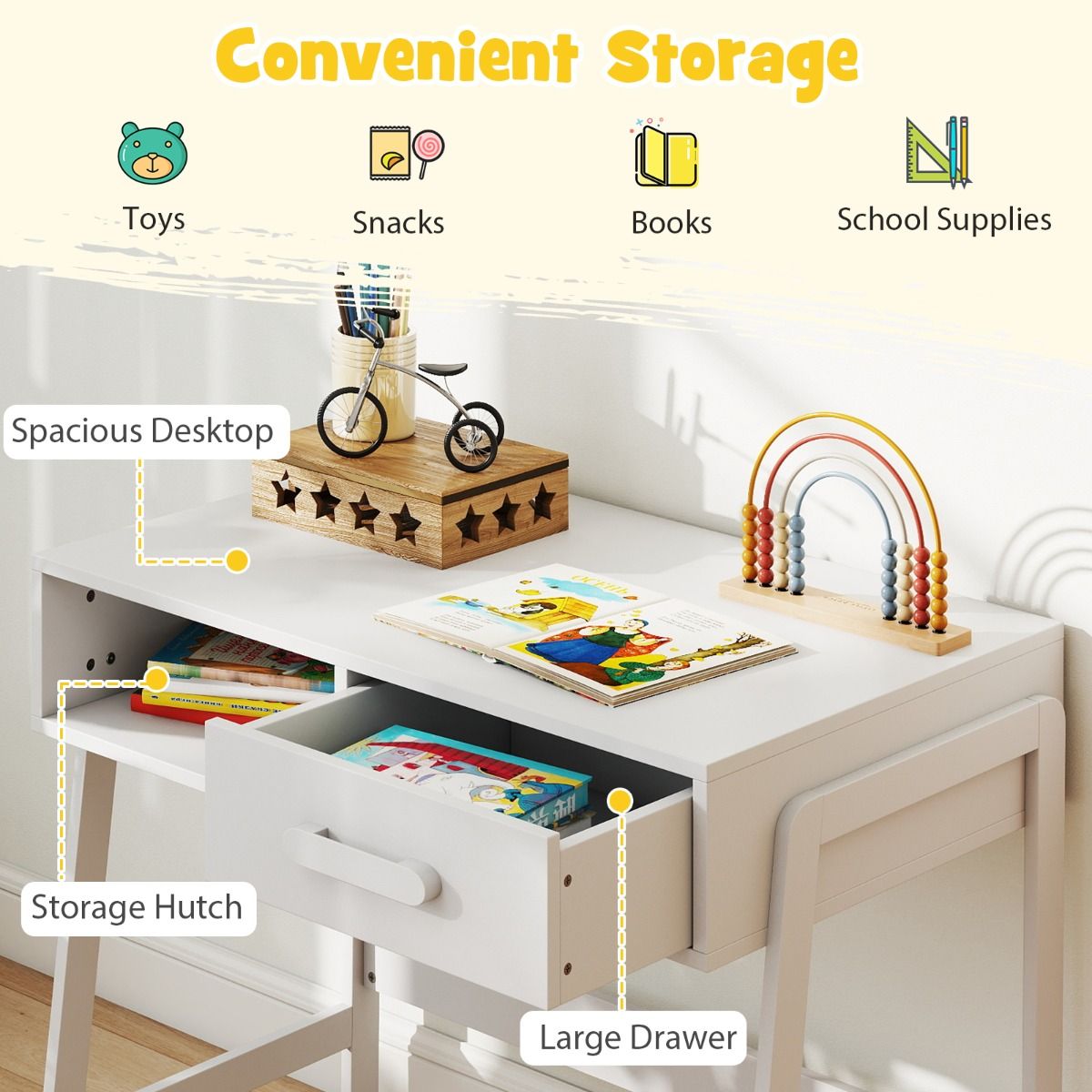 Bureau pour enfant Coast avec chaise - avec tiroir et étagère - conception ergonomique - blanc
