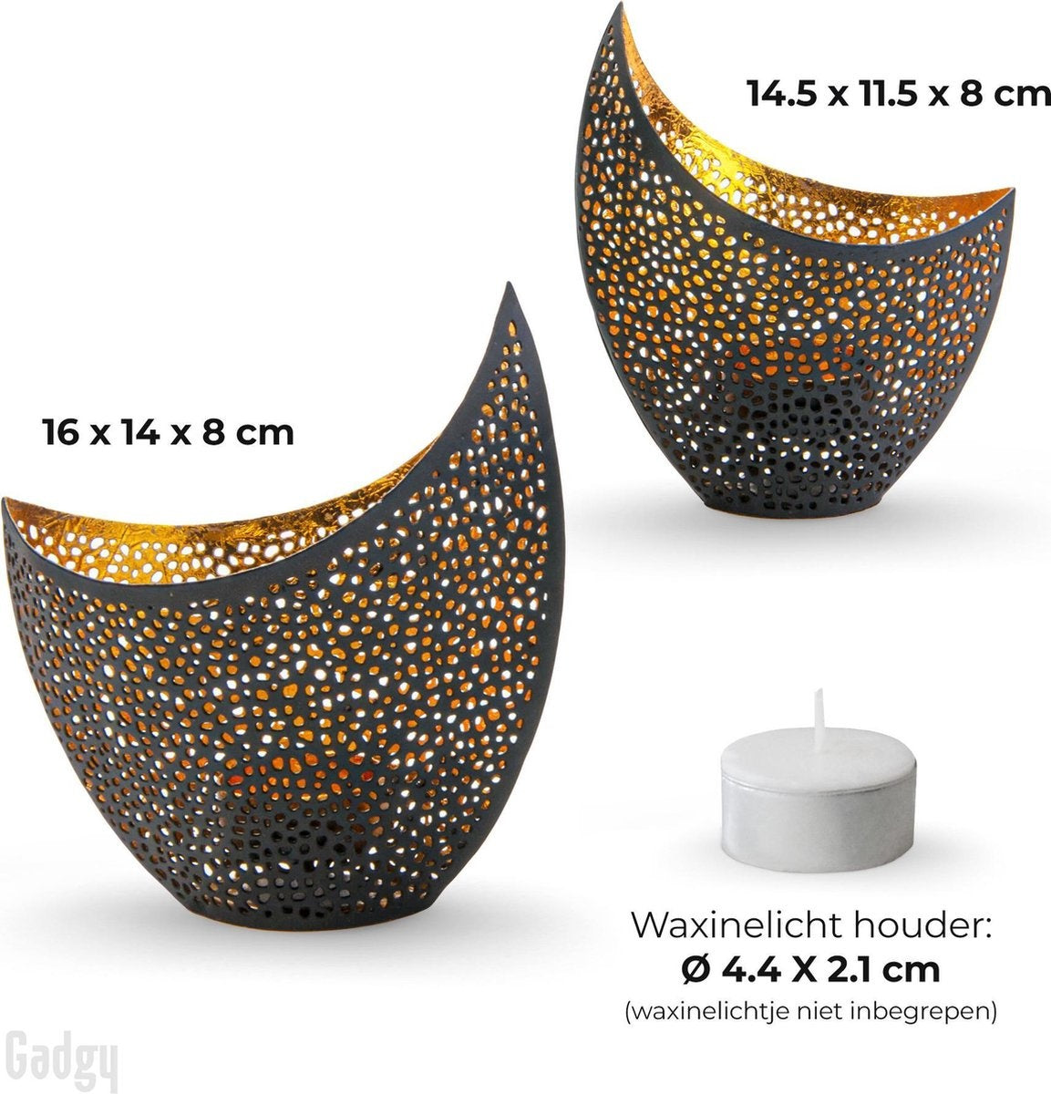 Gadgy Porte-lampes Oriental - Lot de 2 - 16 et 14.5cm - Porte-lampes - Noir/Doré - Métallique