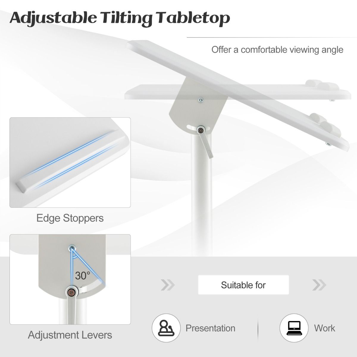 Pupitre Coast sur roulettes - Réglable en hauteur - Plateau inclinable - Blanc