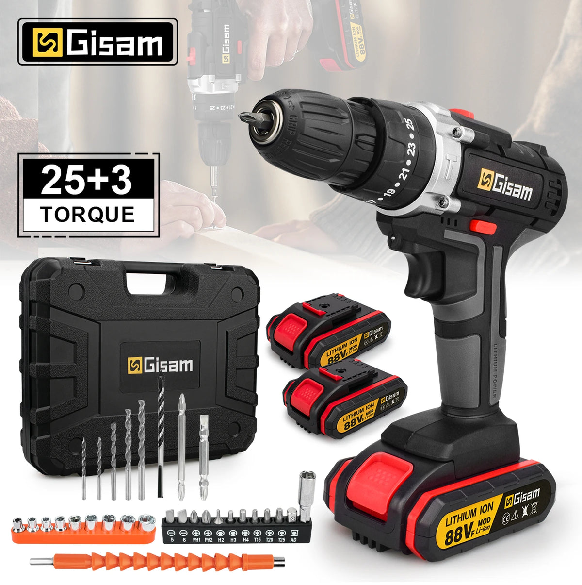 Perceuse sans fil Gisam 21 V - Visseuse sans fil avec fonction percussion