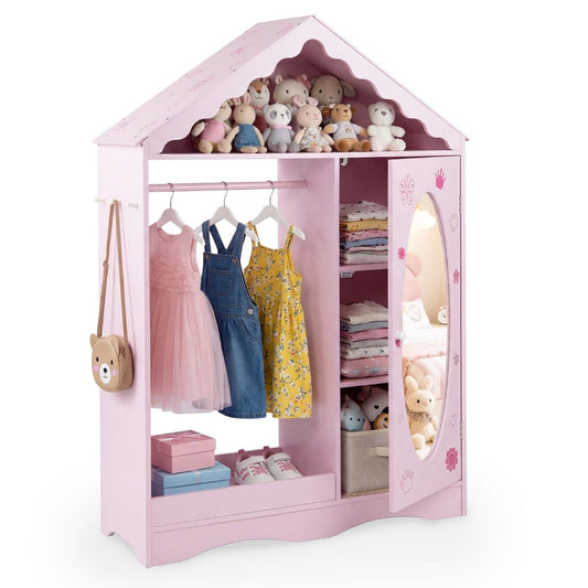 Armoire pour enfants Coast avec miroir - Design en forme de toit avec tringle, étagères et crochets - 85,5 x 30 x 121 cm - Rose