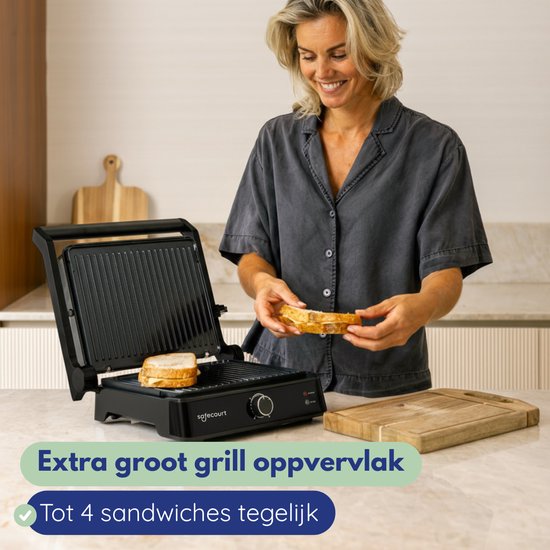 Safecourt Kitchen - Grille à panini et fer à sandwich grillé - Plaques amovibles sans PFAS et lavables au lave-vaisselle - Grande surface de gril - Chaleur rapide - Gril à contact - Noir