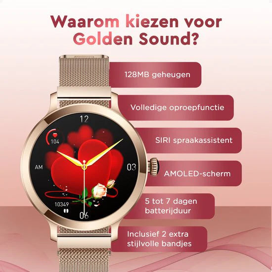 Golden Sound AMOLED Smartwatch Ladies - 3 bracelets supplémentaires - Convient à tout ordinateur portable et smartphone - Podomètre - Moniteur de sommeil - Moniteur de saturation - 40mm