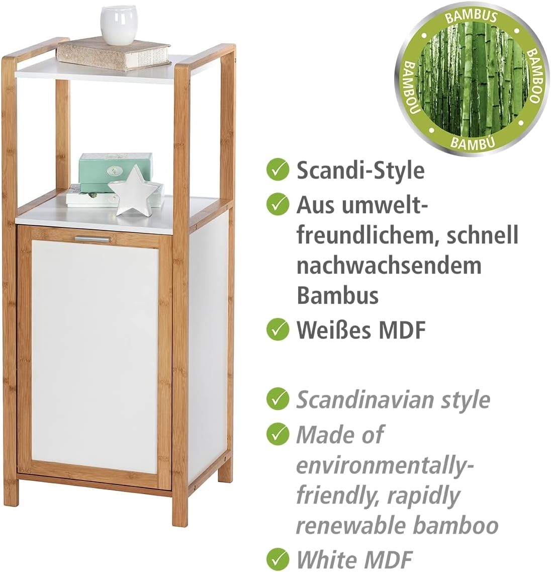 Panier à linge Wenko Finja avec étagère – Bambou/Blanc – 40 x 95 x 30 cm