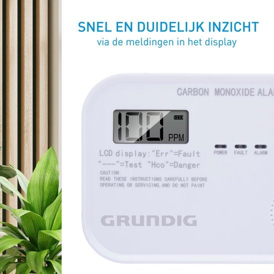 Détecteur de CO Grundig - Détecteur de monoxyde de carbone très sensible - Écran LCD - Capteur 10 ans - Blanc