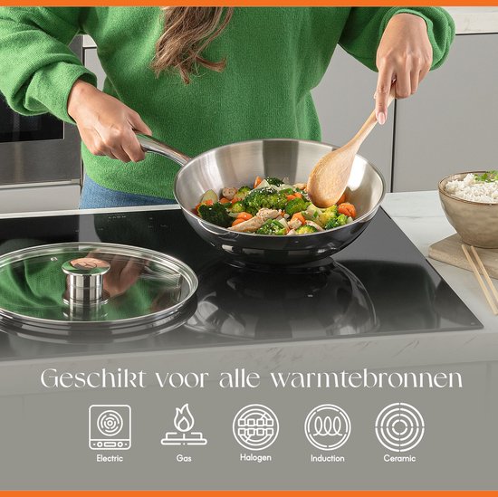 Poêle wok ELLE Gourmet Classique en acier inoxydable avec couvercle - Ø 28 cm - Sans PFAS - Induction