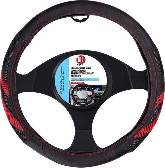 All Ride Housse de volant voiture 38CM - Convient aux volants 37-39CM - Prise en main confortable - Antidérapant - Décoration de voiture - Cuir synthétique - Noir/Rouge