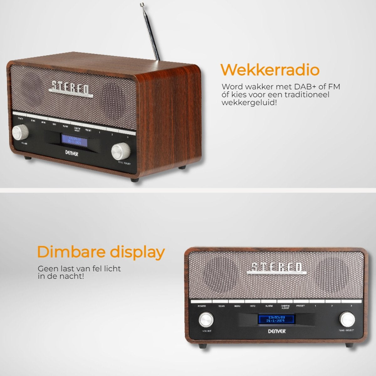 Denver DAB Radio - Retro Radio XL - DAB+/ FM Radio - Bluetooth - Dimmable - 100W - Batteries & secteur - DAB36 - Bois