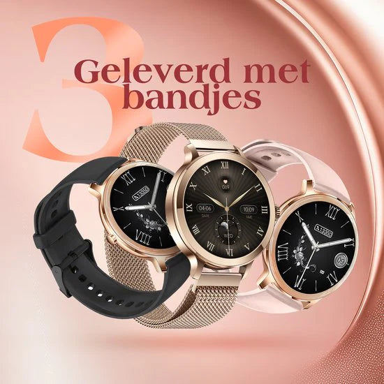 Golden Sound AMOLED Smartwatch Ladies - 3 bracelets supplémentaires - Convient à tout ordinateur portable et smartphone - Podomètre - Moniteur de sommeil - Moniteur de saturation - 40mm