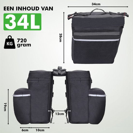 Travelhawk Sac à vélo - Sac à vélo double - Matière imperméable - 34L - Noir - 600D Polyester - Sacoches pour vélos électriques