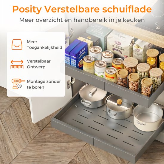 Posity Tiroir coulissant - Organisateur de meuble de cuisine - Organisateur de meuble/tiroir d'évier - tiroir intérieur de cuisine - Extensible et ajustable (32-52 cm) - Télescopique - Gris