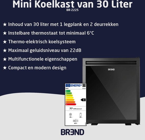 BREND BR-2225 Mini Fridge Freestanding 30 Liter - Réfrigérateur de table avec température réglable - Minibar avec orientation réglable de la porte - Noir