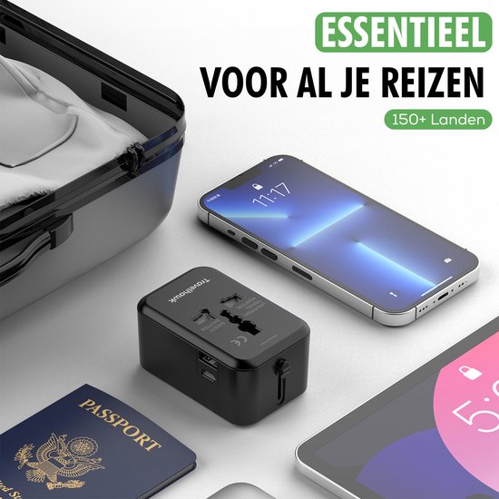 TravelHawk Universal World Plug avec USB-C et port USB - Prise de voyage - Prise de voyage internationale pour 150+ pays - Amérique (USA) - Angleterre (UK) - Australie - Asie - Amérique du Sud - Afrique - Prises mondiales - Noir
