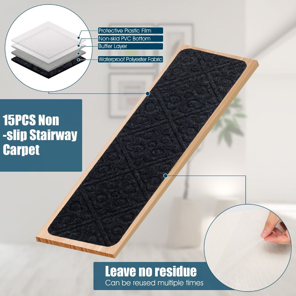 Tapis d'escalier Coast - 15 pièces - 76 x 20 cm - Noir