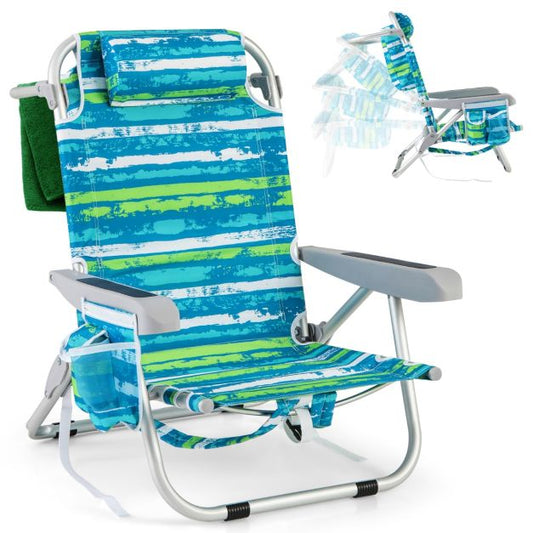 Chaise de plage confortable Coast avec dossier réglable en 5 positions, pliable, structure légère en aluminium, porte-gobelet et compartiments de rangement - Bleu/Vert, 66x65x78 cm