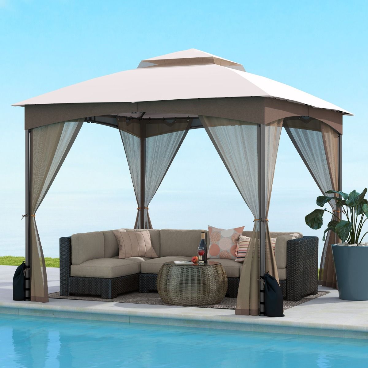 Pavillon de jardin Coast - double toit - moustiquaire et sacs de sable - kaki 3 x 3 m