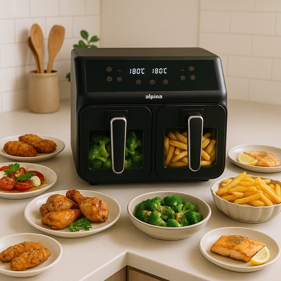 Alpina Friteuse à air chaud double XXL - Friteuse à air chaud 2 x 4 L - Friteuse à air chaud avec écran tactile numérique - Four à air chaud pour 6 personnes et plus - 8 programmes de cuisson - Mode Sync - Fonction minuterie