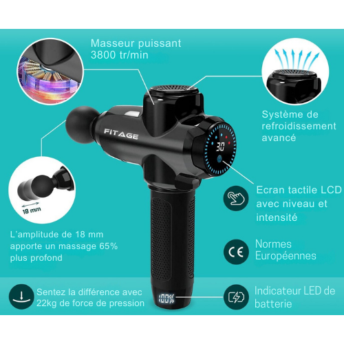Pistolet de massage professionnel - FITAGE - 12 embouts - Appareil de massage - 30 niveaux d'intensité