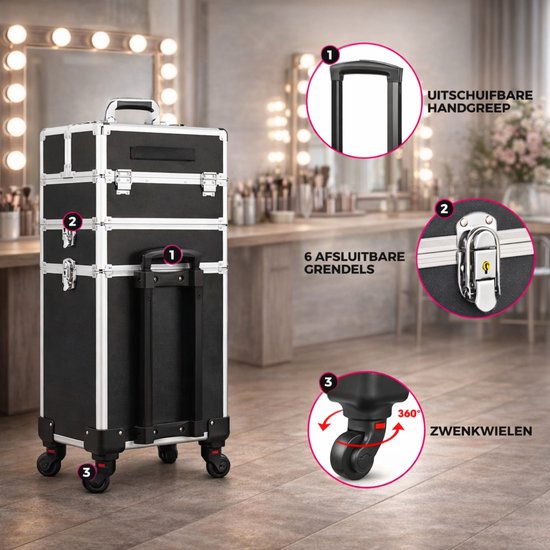 Travli Make Up Trolley - Valise de maquillage - Valise de coiffure - Valise de beauté - Valise de cosmétiques - 106* 40* 31,5 cm - Noir