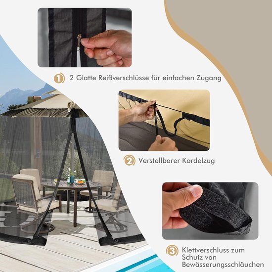Moustiquaire réglable pour parasols de 250-300 cm, protection contre les insectes avec 2 portes, base remplissable, moustiquaire, moustiquaire.
