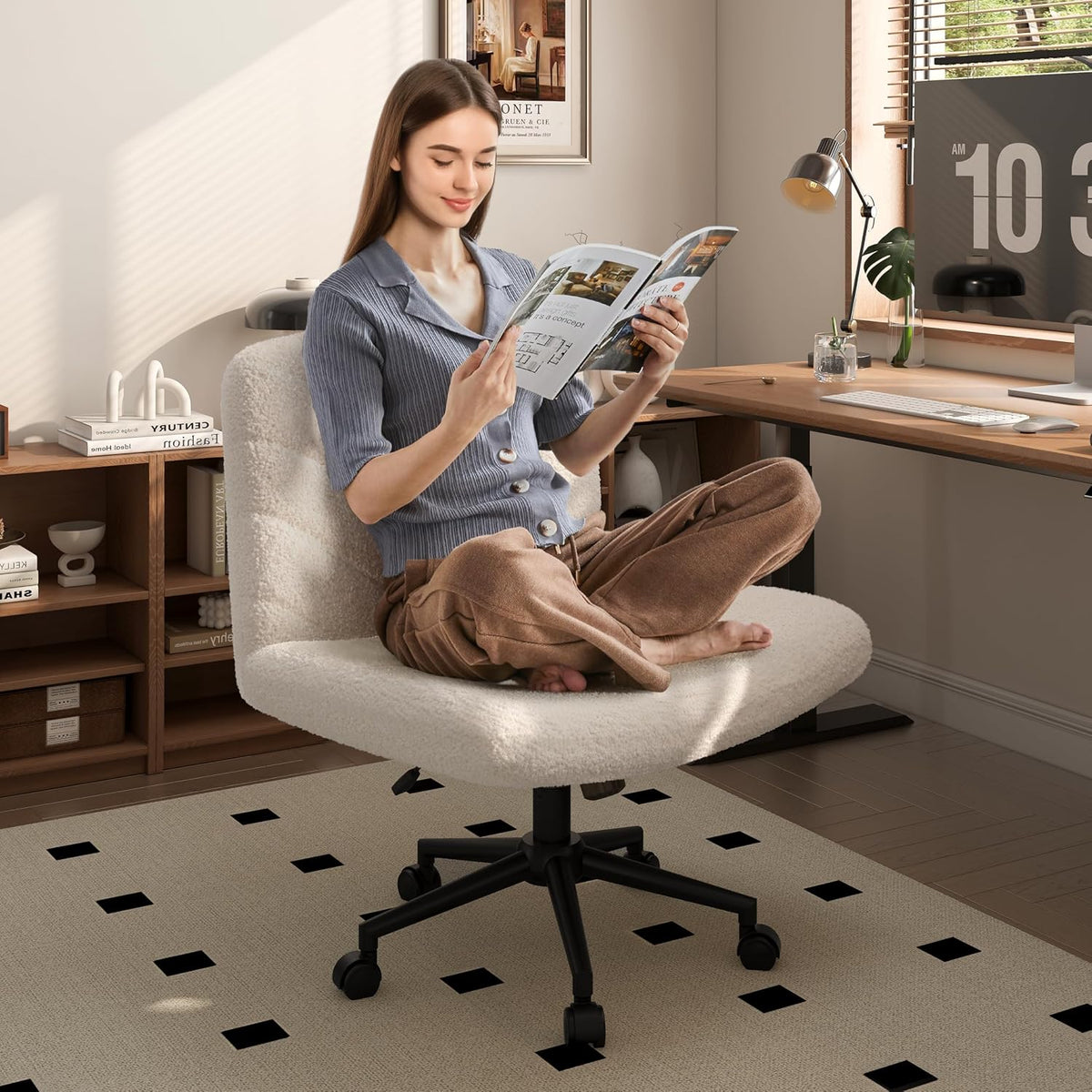 Chaise de bureau Yaheetech à roulettes et à large assise 66 × 65 × 92 cm, blanc ivoire