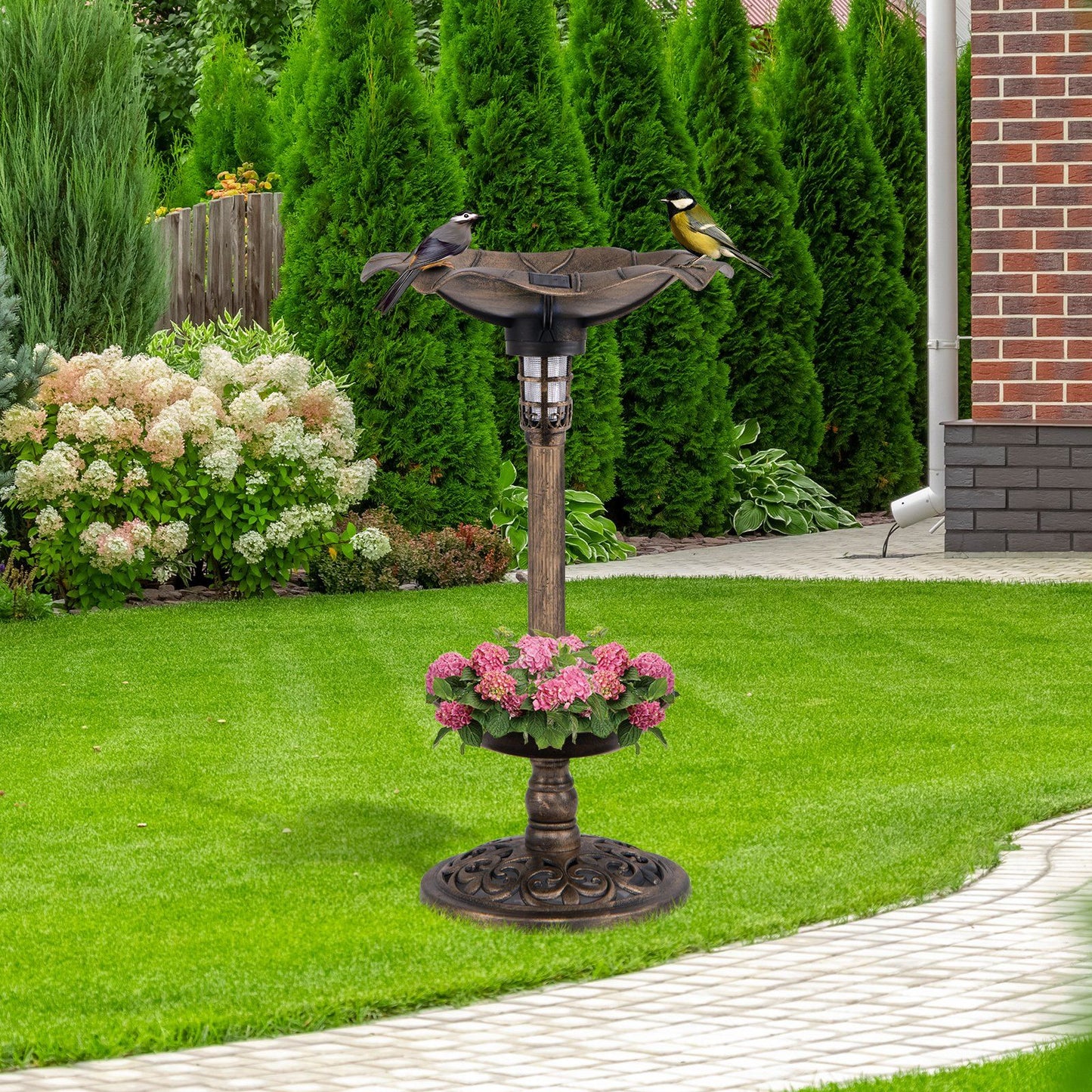 Bain d'oiseaux Coast avec éclairage solaire - Mangeoire à oiseaux et jardinière - Décoration de jardin rétro 43 x 76 cm, couleur bronze