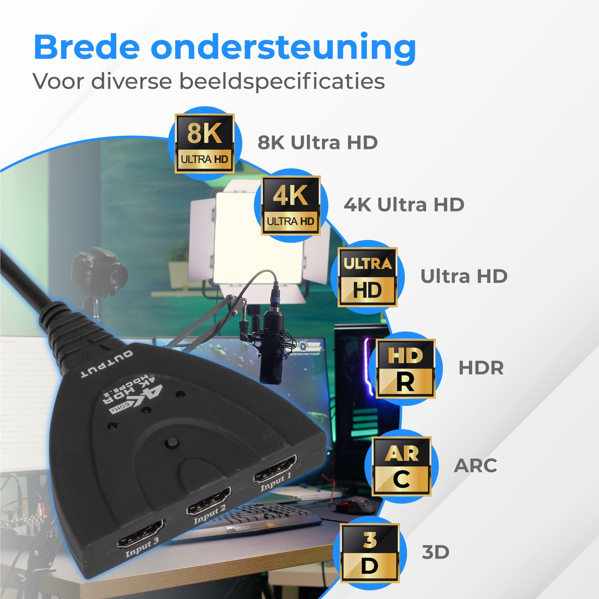 Commutateur HDMI Nuvance - 3 entrées, support 4K 60Hz - 60 cm - Noir