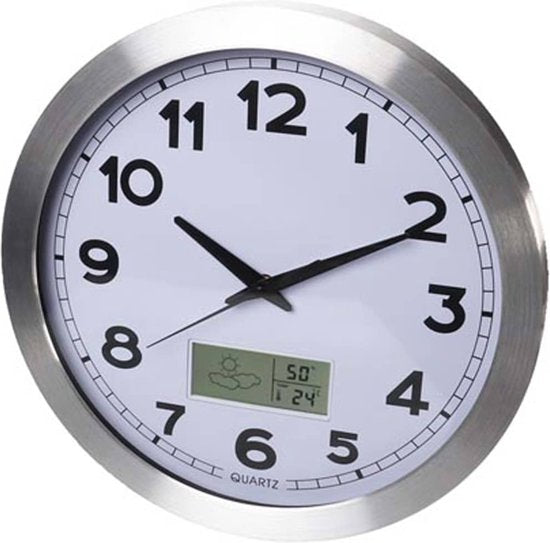 Perel Horloge murale, ronde, analogique, 35 cm, écran LCD avec thermomètre, hygromètre et prévisions météorologiques, aluminium, argent
