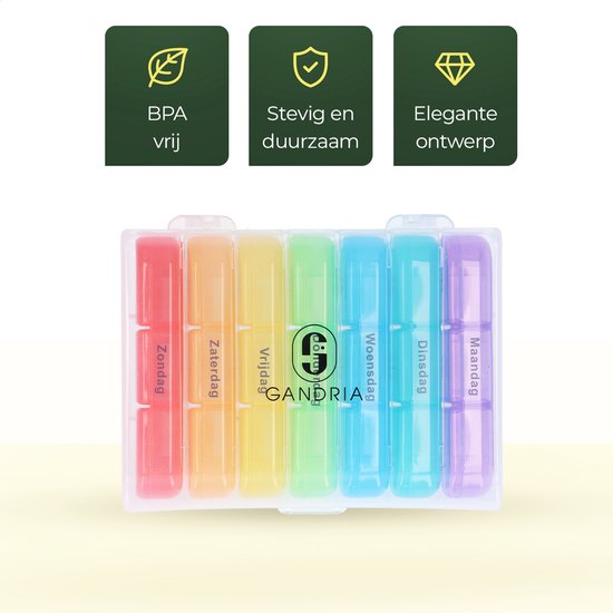 Pilulier Gandria 7 jours - Pilulier amovible - Boîte à médicaments avec 21 compartiments - Boîte à médicaments avec fermeture solide - 3 compartiments par jour - 7 couleurs