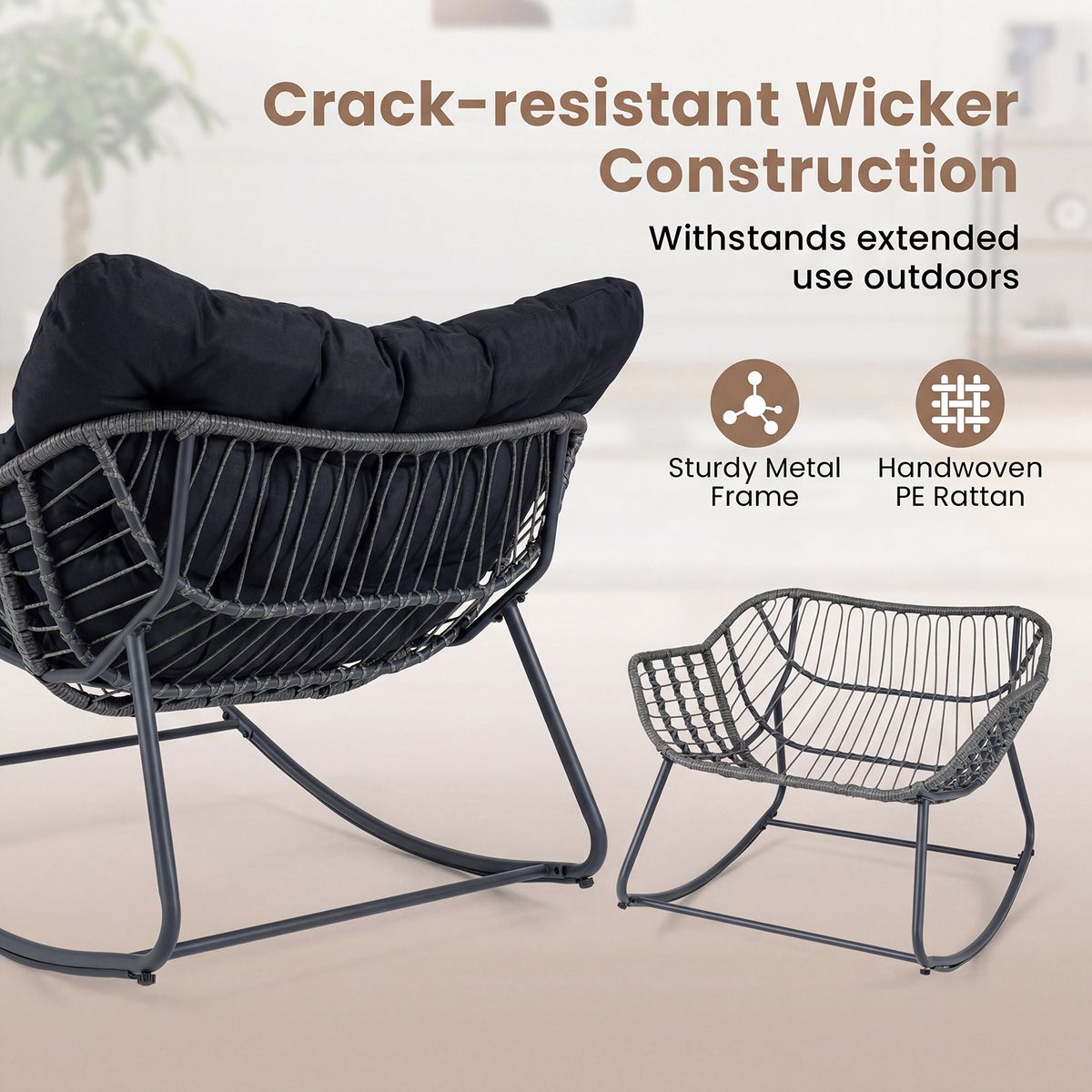 Fauteuil à bascule Coast avec repose-pieds - conception ergonomique - structure métallique avec rotin en PE - noir