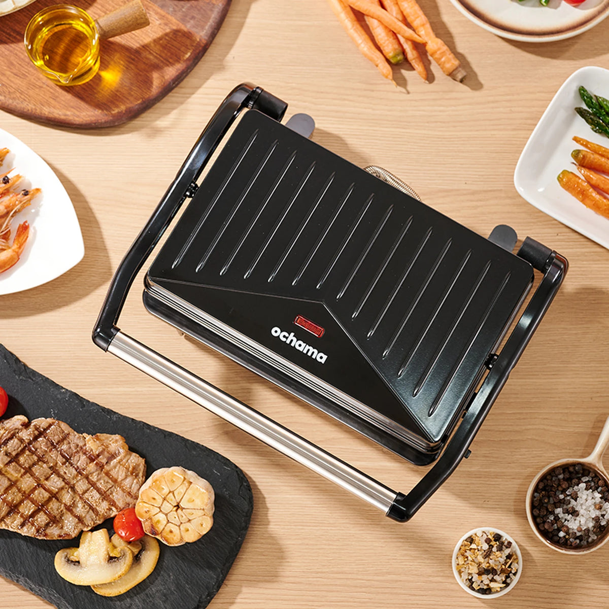 Grill de contact Ochama 800 W - Grill à sandwichs et à paninis - Revêtement antiadhésif - Chauffage double face - Plaques de cuisson 22,5 x 14 cm