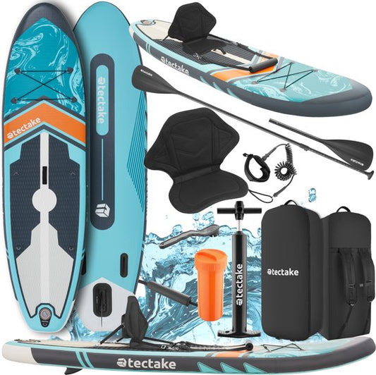 tectake® Stand-Up Paddle Board - SUP Board - Gonflable - Stable - 288 x 77 x 22.5 cm - Max 200kg - Orange Turquoise