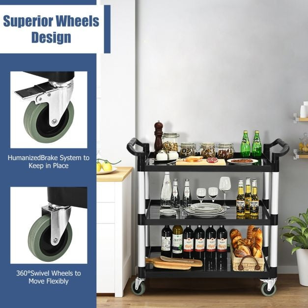 Coast 3-Stage Serving Trolley Multifunctional Trolley with Handles and 4 Wheels Kitchen Trolley Side Trolley Metal Trolley Black