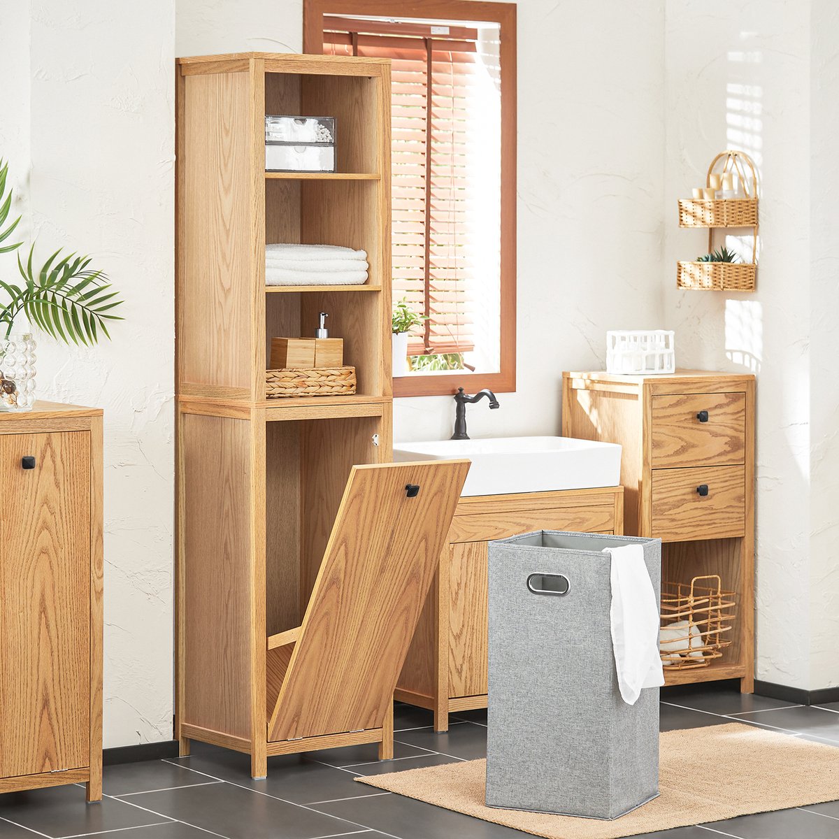 SoBuy BZR95-N Meuble de salle de bain - Meuble haut en bois composite avec étagères et panier à linge