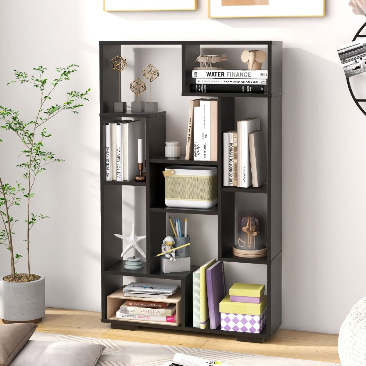 Coast Bookcase Black - 70×20×120 cm - Rayonnage ouvert géométrique avec 11 étagères et protection contre le basculement
