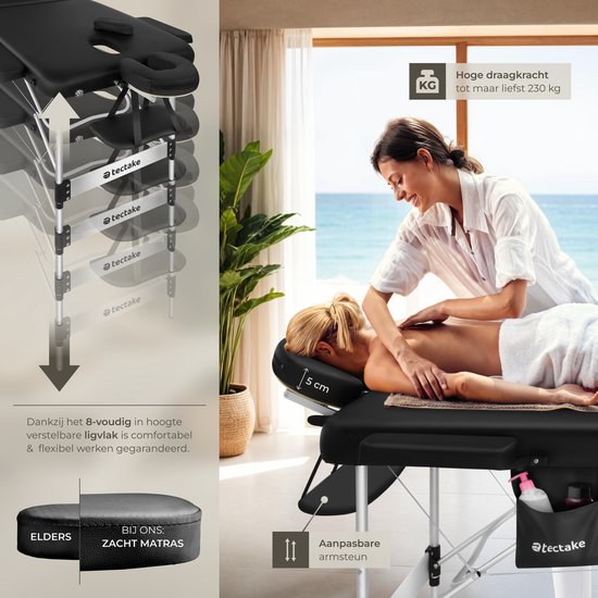 table de massage tectake® 3 Zones - Table de traitement avec sac de transport - matelas de 5 cm d'épaisseur - châssis en aluminium - largeur 78 cm - capacité de charge 230 kg - 15 appuis-tête inclus - noir