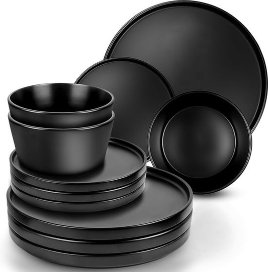 Deleca Service de table 6 personnes - Bols / Assiettes - Faïence solide - Noir mat / 18 pièces