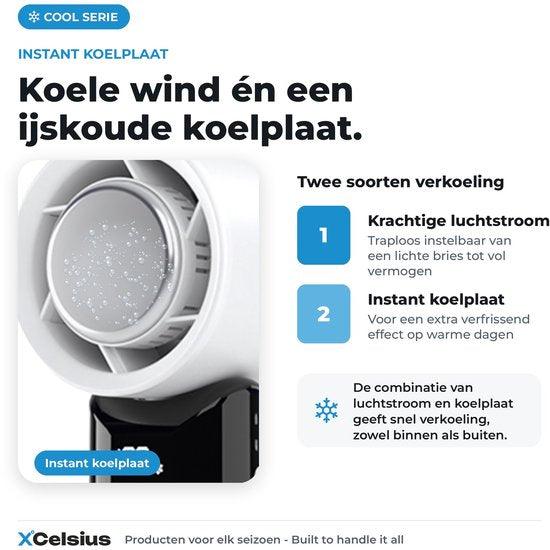 Ventilateur portable XCelsius® - Mini-ventilateur pliable - Rechargeable via USB-C - Réglage continu de 0 % à 100 % - Avec plaque de refroidissement instantanée - Blanc