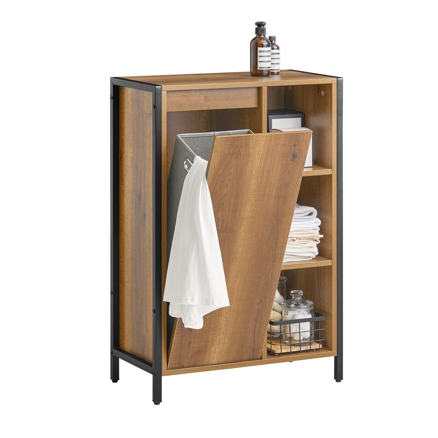 SoBuy Armoire de toilette - Panier à linge basculant - 3 compartiments - 24 x 24 x 60 cm - couleur bois