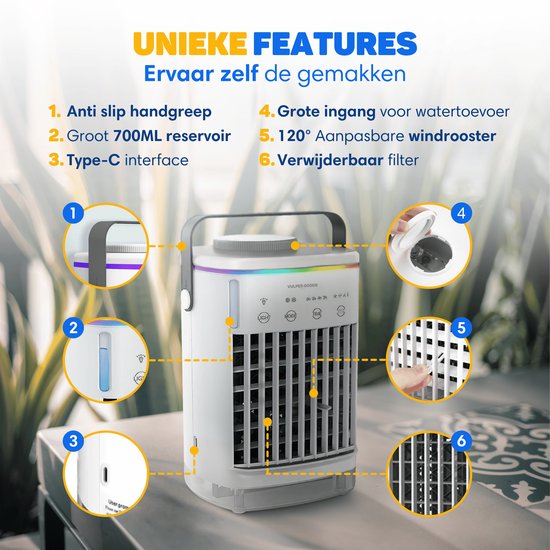 Vulpes Goods® Tech - Mini Airco PRO - Climatiseur mobile - Rafraîchisseur d'air 4en1 - Rafraîchisseur d'air - Ventilateur de table - 4 vitesses de vent, 2 modes d'humidification et minuterie - Etanche - Blanc