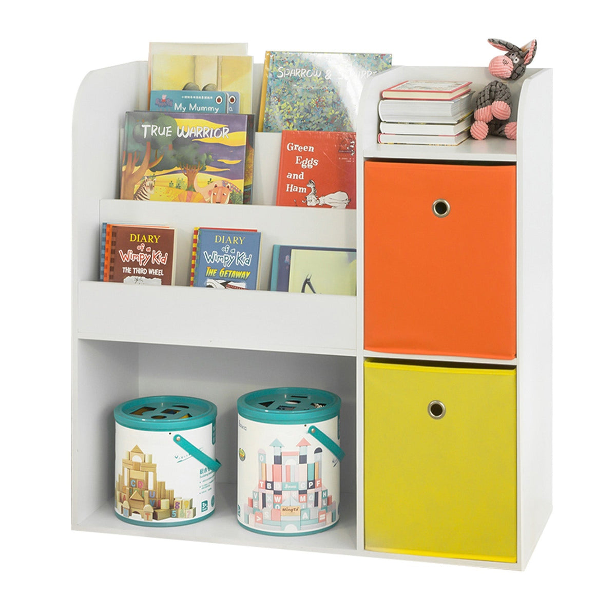SoBuy Meuble de rangement pour livres et jouets - 2 paniers - 89 x 35 x 88 cm - Blanc