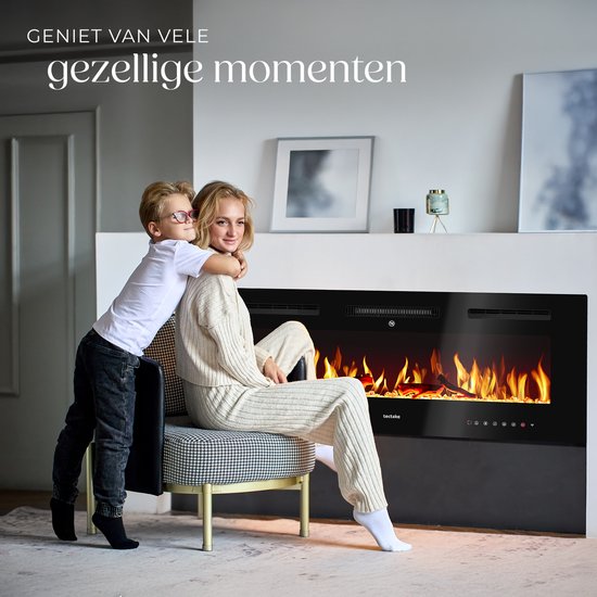 tectake® Wall Fireplace - Cheminée électrique - Atmosphere Fireplace - 106.5 x 12 x 43 cm - 900W & 1800W - Contrôlé par télécommande ou application - avec thermostat - Poêle - avec chauffage - Cheminées - Effets de bois et de lueur - Flammes 3D - Minuteur