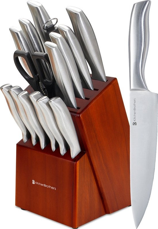 KitchenBrothers Set de couteaux - Bloc de couteaux - 16 pièces - avec ciseaux et acier d'affûtage - Bois d'acacia