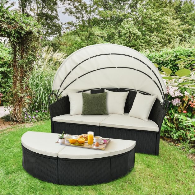 Chaise longue ronde Costway - avec coussins et auvent rétractable - 187 x 180 x 157 cm - Noir/Orange Blanc