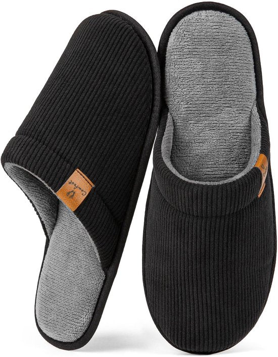 Chaussons Hommes - Chaussons - Taille 40/41 - Noir - Velours côtelé - Antidérapant - Comfeet